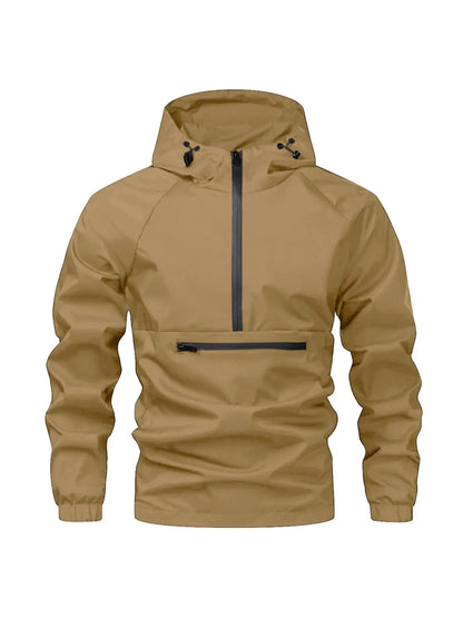 Men'S Solid Color Half Zip Pocket Hooded Jacket, Regular Fit Casual Long Sleeve Drawstring Waterproof Jacket for Fall & Winter, Men Clothing for Daily Wear Zip up Jackets