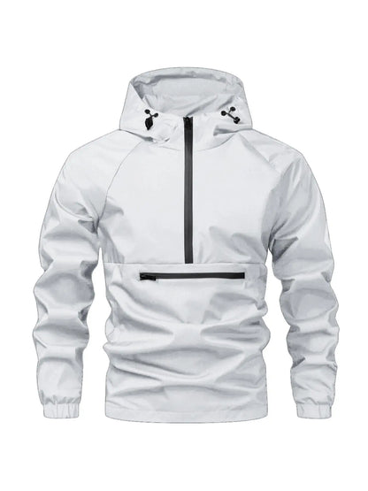 Men'S Solid Color Half Zip Pocket Hooded Jacket, Regular Fit Casual Long Sleeve Drawstring Waterproof Jacket for Fall & Winter, Men Clothing for Daily Wear Zip up Jackets