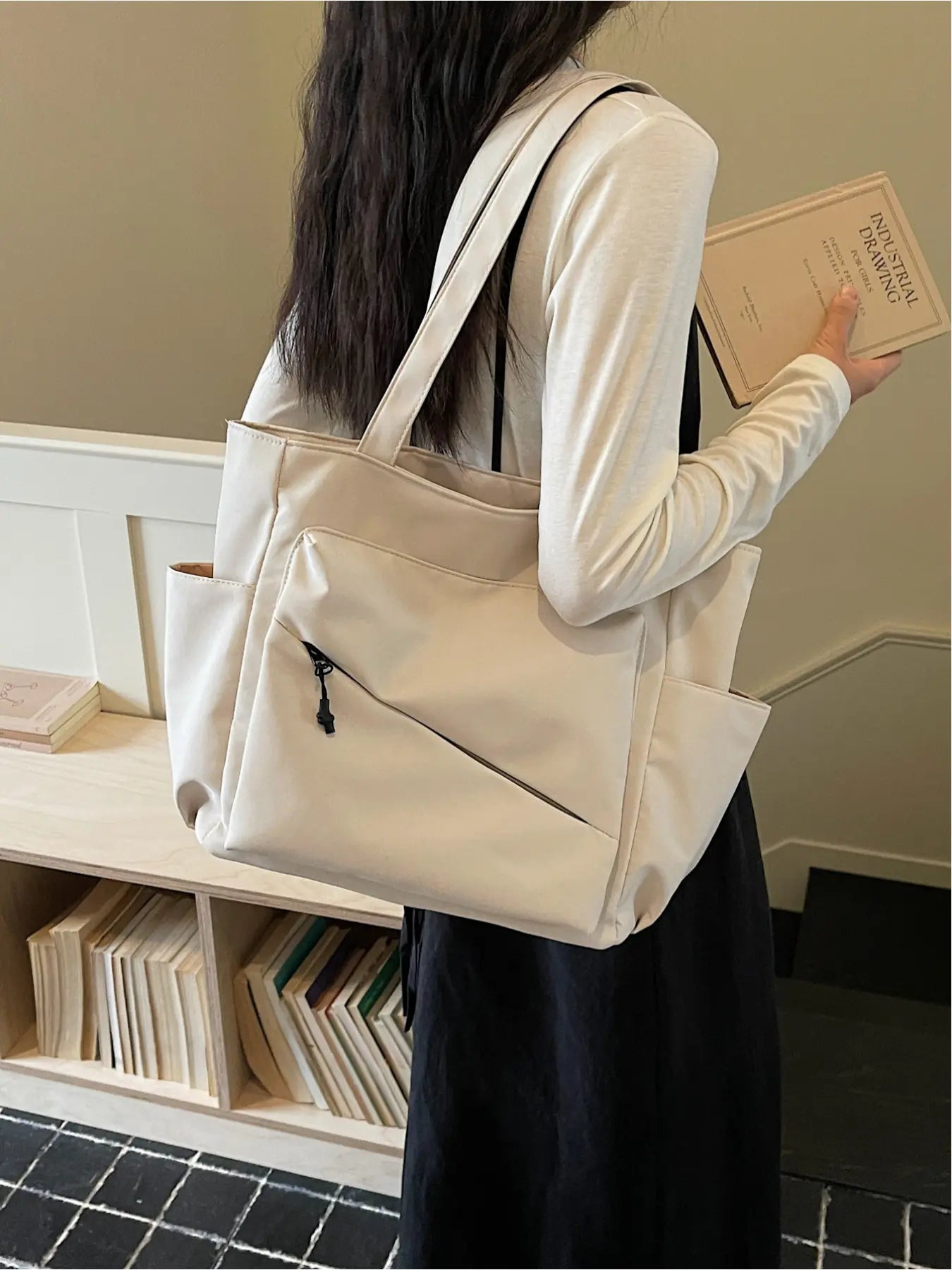 Versatile Casual Solid Color Large Capacity Tote Bag, Perfect for Outdoor Commuting Shoulder Bag, Stylish and Spacious Handbag