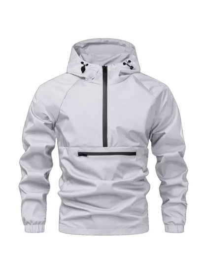 Men'S Solid Color Half Zip Pocket Hooded Jacket, Regular Fit Casual Long Sleeve Drawstring Waterproof Jacket for Fall & Winter, Men Clothing for Daily Wear Zip up Jackets