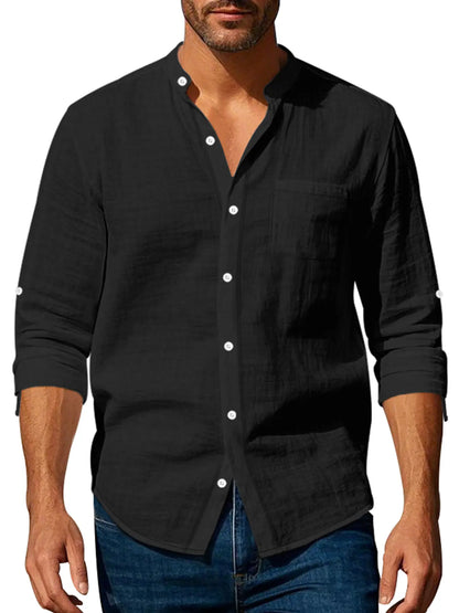 Men'S Casual Long Sleeve Linen Shirt, Fashionable Old Money Style Top, All-Season Woven Fabric, Fitted Design