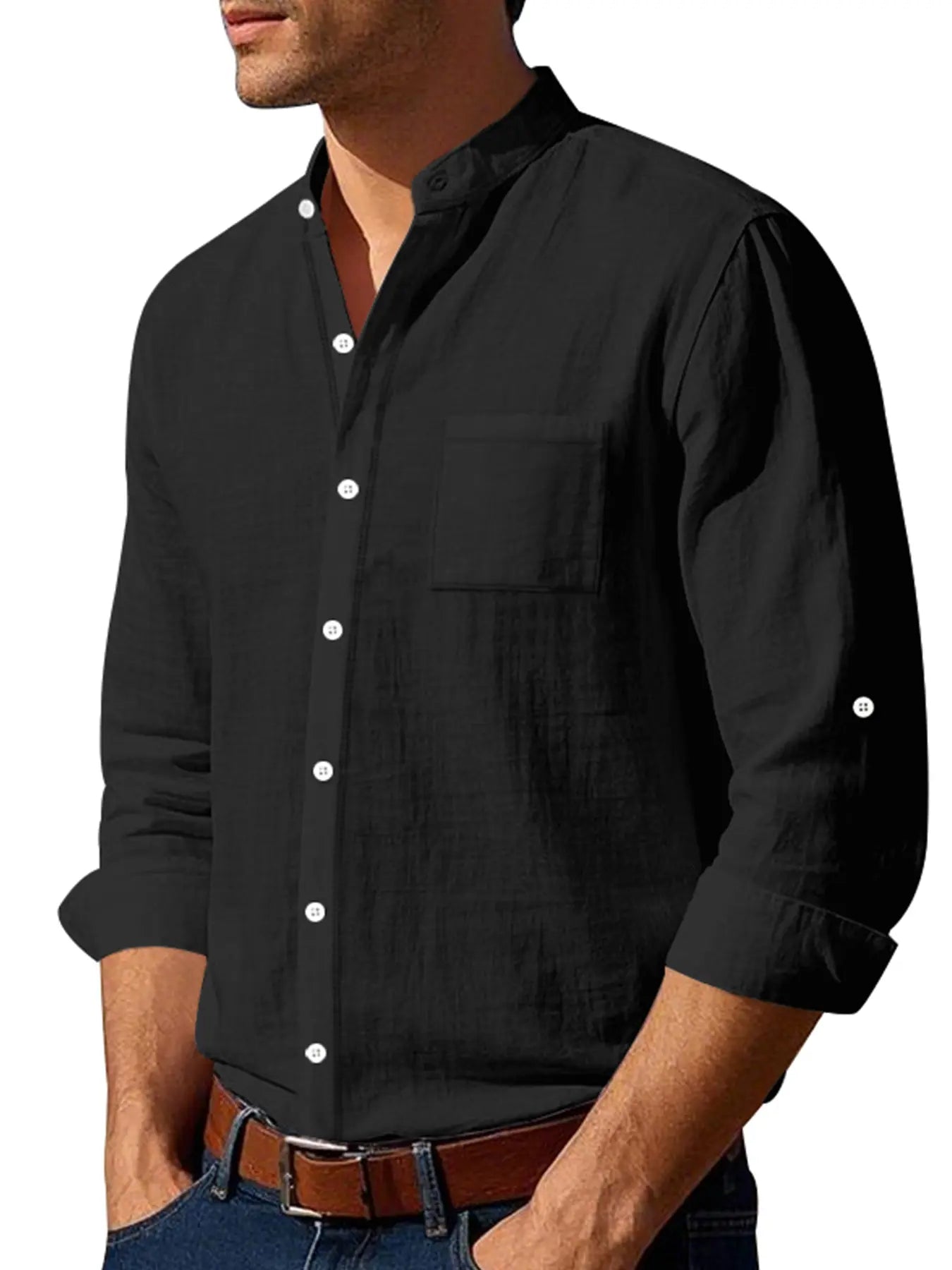 Men'S Casual Long Sleeve Linen Shirt, Fashionable Old Money Style Top, All-Season Woven Fabric, Fitted Design