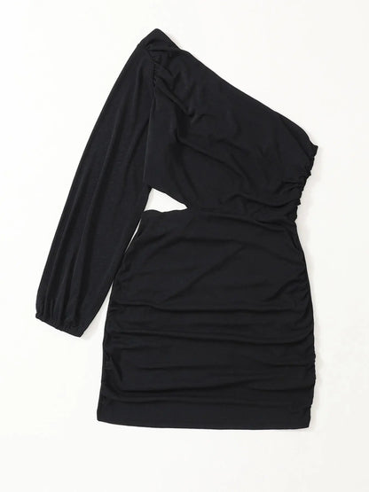 Women'S Solid Color Asymmetric One Shoulder Cutout Bodycon Dress