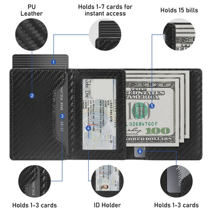 Men'S Leather Slim Wallet Compact Design for Cards and Cash One-Click to Pop up RFID Blocking 9-14 Card Capacity ID Window Gift for the Husband on Valentine'S Day